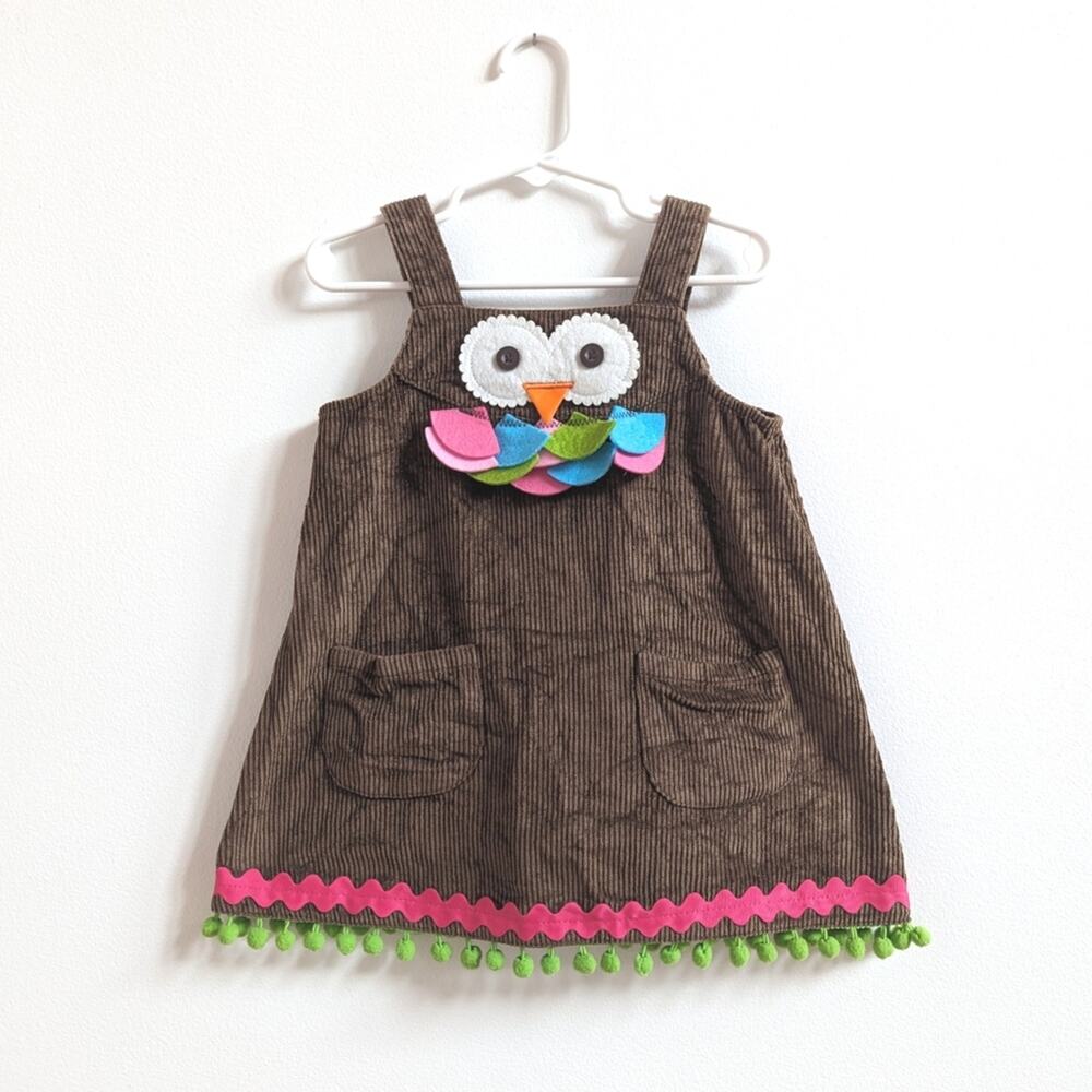 Mud Pie Pinafore Girls Sz 2T Owl Brown Corduroy Boutique Cute